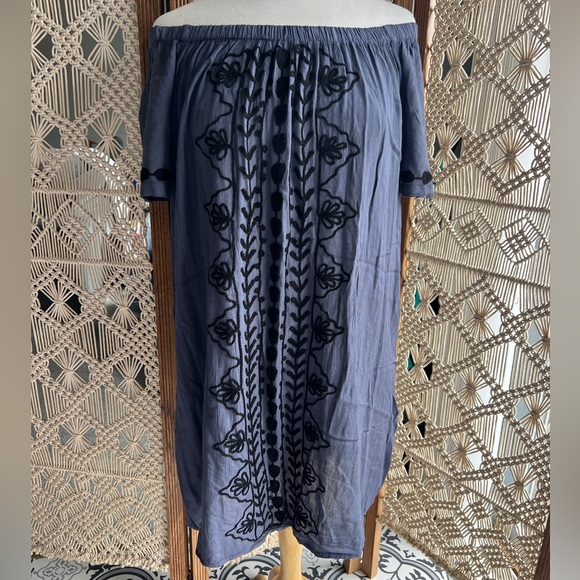 Exist Dresses & Skirts - Dark Blue and Black Off the Shoulder Embroidered Tunic Mini Dress